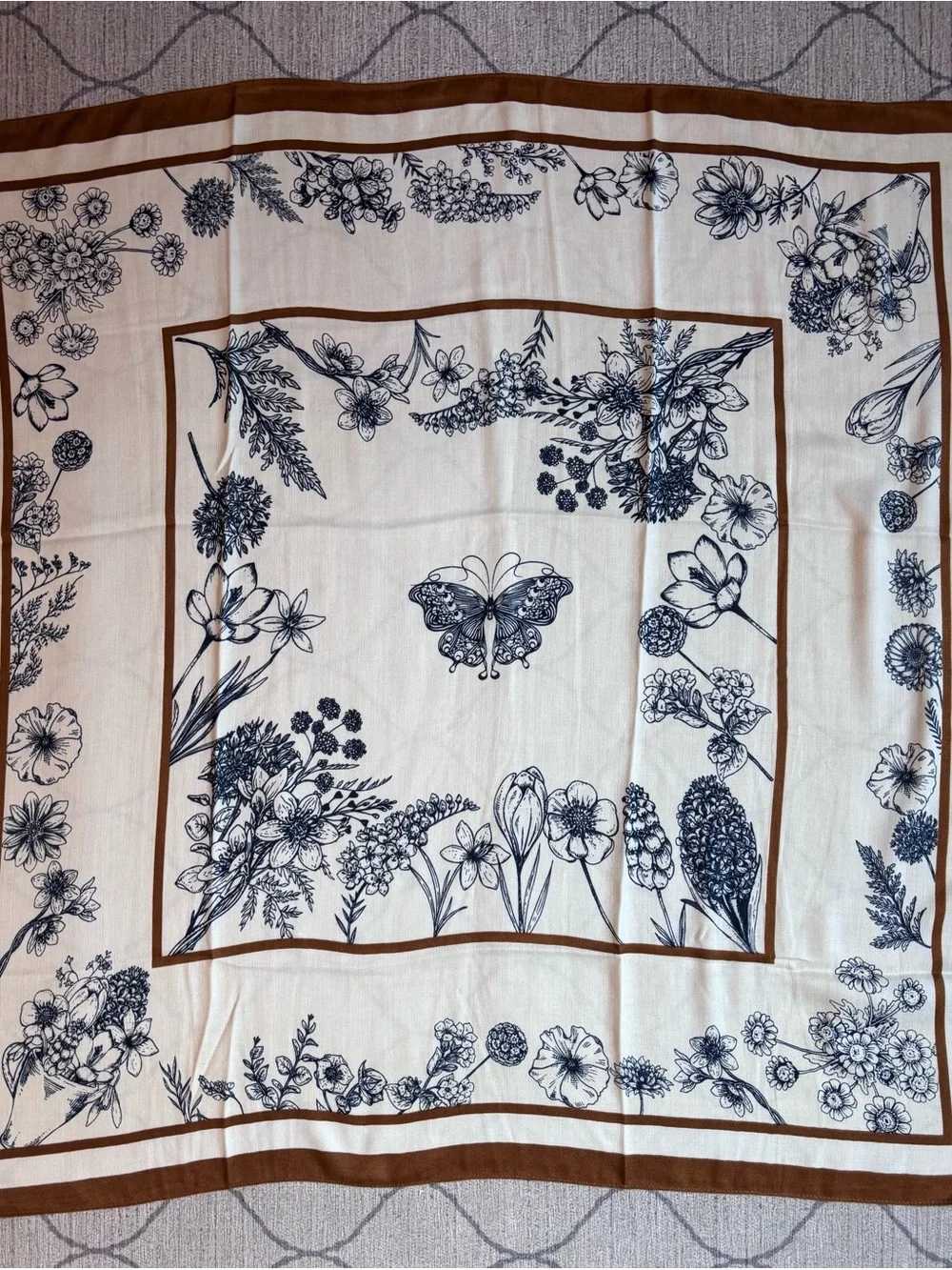 Botanical Floral & Butterfly Square Scarf – Ivory, Navy & Cognac Brown